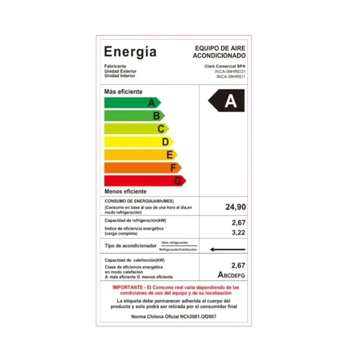 Aire Acondicionado Inverter R32 9000 Btu Split Muro WIFI Clark