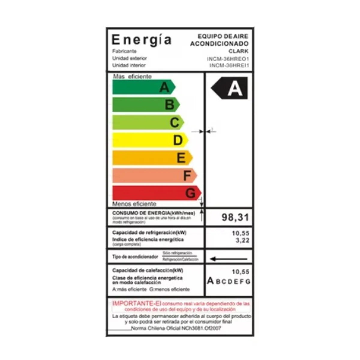 Aire Acondicionado Inverter R32 36.000 Btu Split Muro WIFI Clark