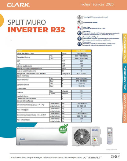 Aire Acondicionado Split Muro Clark 36.000 Btu Inverter