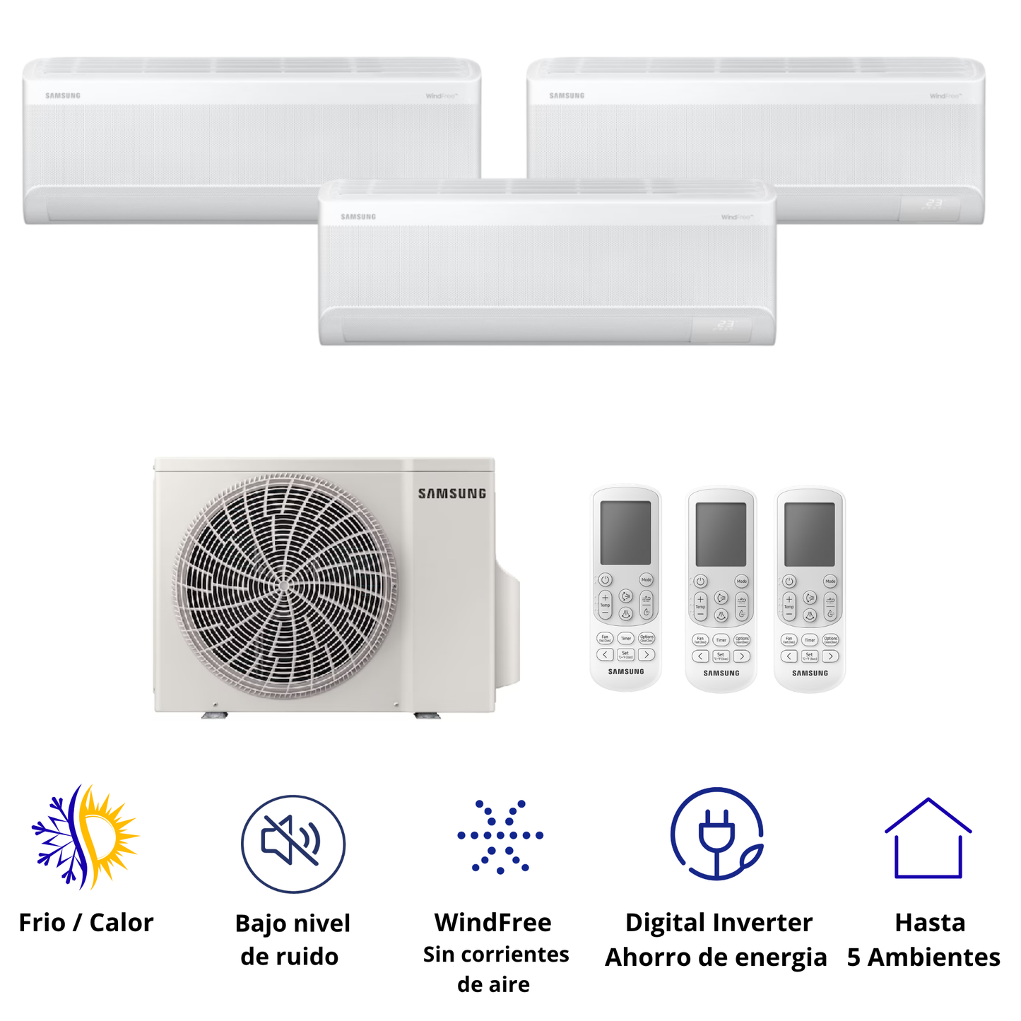 Sistema de Aire Acondicionado Multi Split Samsung WindFree 3x1 con tecnología inverter, WiFi SmartThings y climatización eficiente para múltiples ambientes.