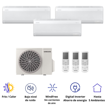 Sistema de Aire Acondicionado Multi Split Samsung WindFree 3x1 con tecnología inverter, WiFi SmartThings y climatización eficiente para múltiples ambientes.