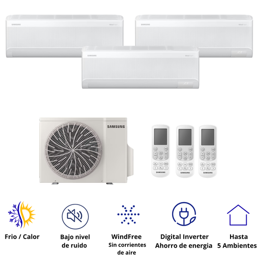 Sistema de Aire Acondicionado Multi Split Samsung WindFree 3x1 con tecnología inverter, WiFi SmartThings y climatización eficiente para múltiples ambientes.