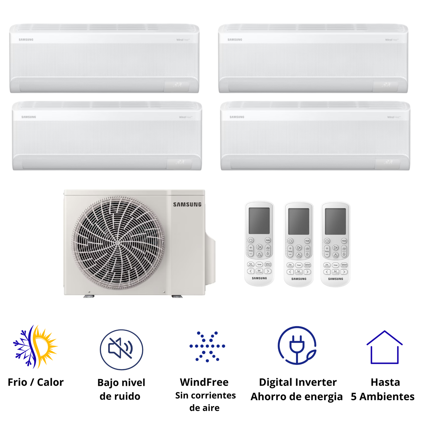 Sistema de Aire Acondicionado Multi Split Samsung WindFree 4x1 con tecnología inverter, WiFi SmartThings y climatización eficiente para múltiples ambientes independientes.