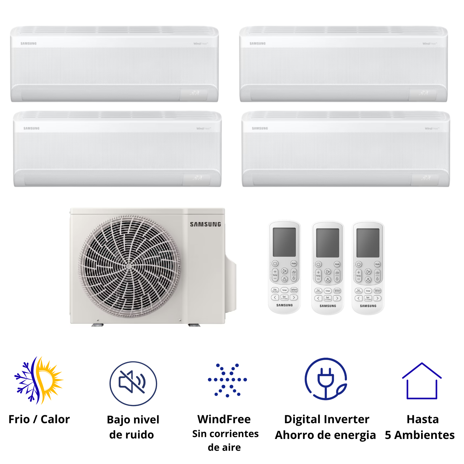 Sistema de Aire Acondicionado Multi Split Samsung WindFree 4x1 con tecnología inverter, WiFi SmartThings y climatización eficiente para múltiples ambientes independientes.