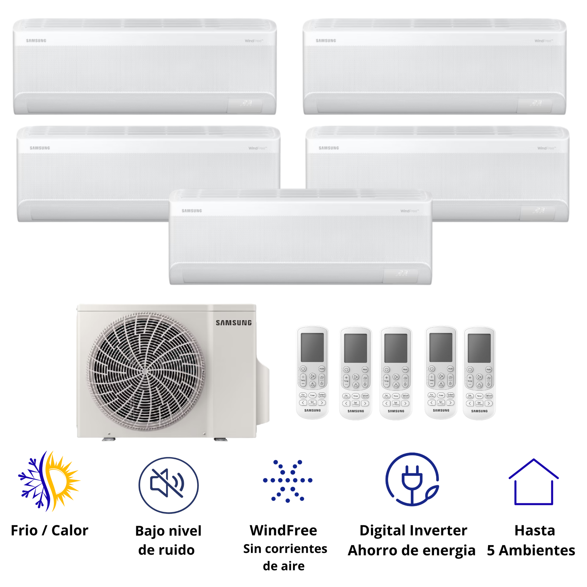 Sistema de Aire Acondicionado Multi Split Samsung WindFree 5x1 con tecnología inverter, WiFi SmartThings y climatización inteligente para múltiples ambientes con máximo confort y eficiencia energética.