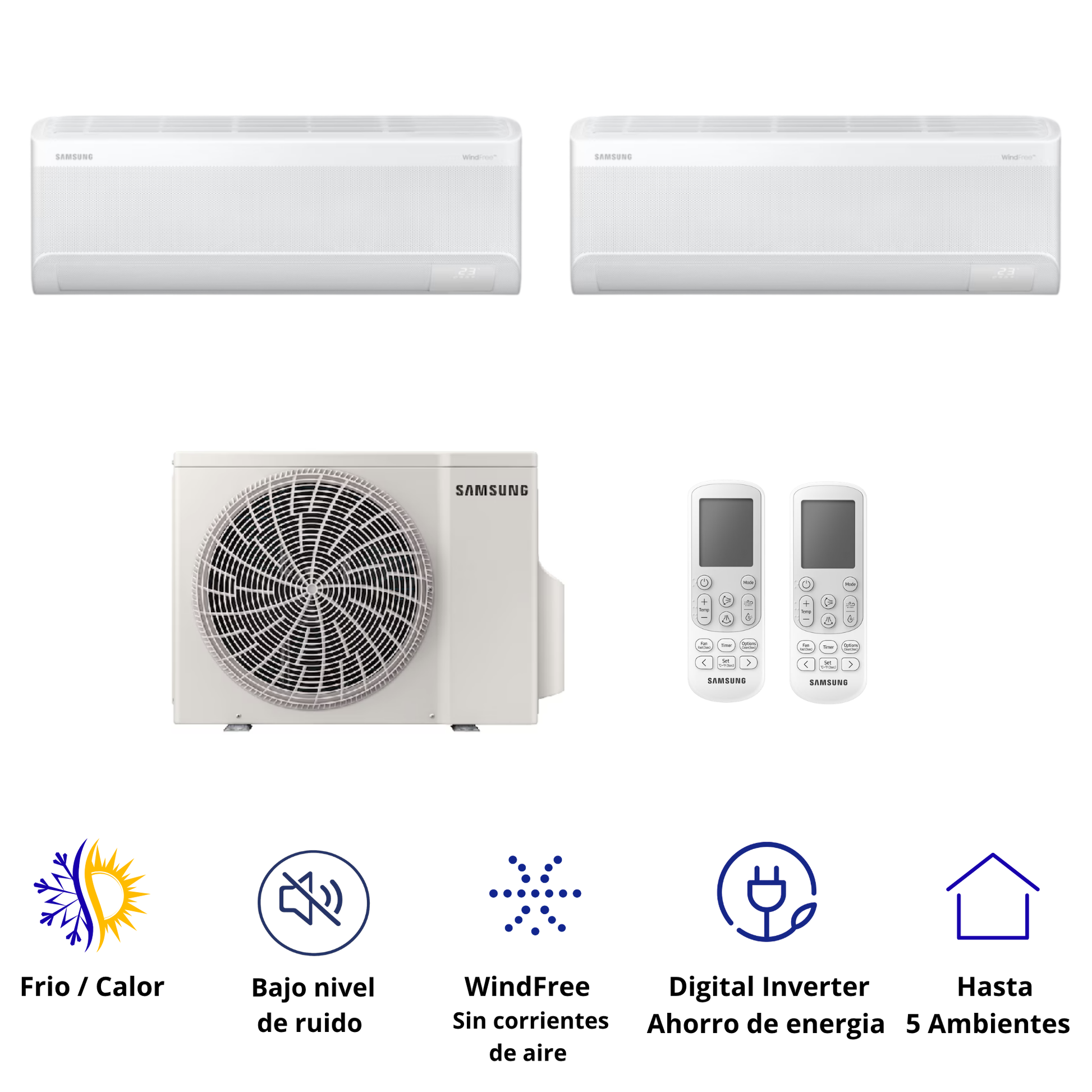 Aire acondicionado Multi Split Samsung WindFree con 2 unidades interiores de 9.000 BTU, tecnología inverter, WiFi integrado y unidad exterior de 18.000 BTU para climatizar múltiples ambientes.