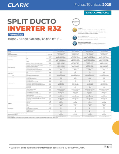 Aire Acondicionado Split Ducto Clark 18.000 Btu Inverter (220V) R32
