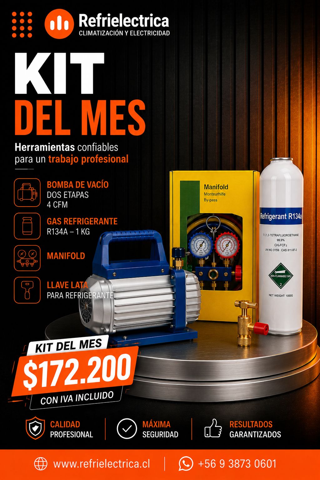 Kit de Bomba de Vacio 4 CFM 2 Etapas + Gas r134a + Arbol de Carga BYPASS + LLave Lata